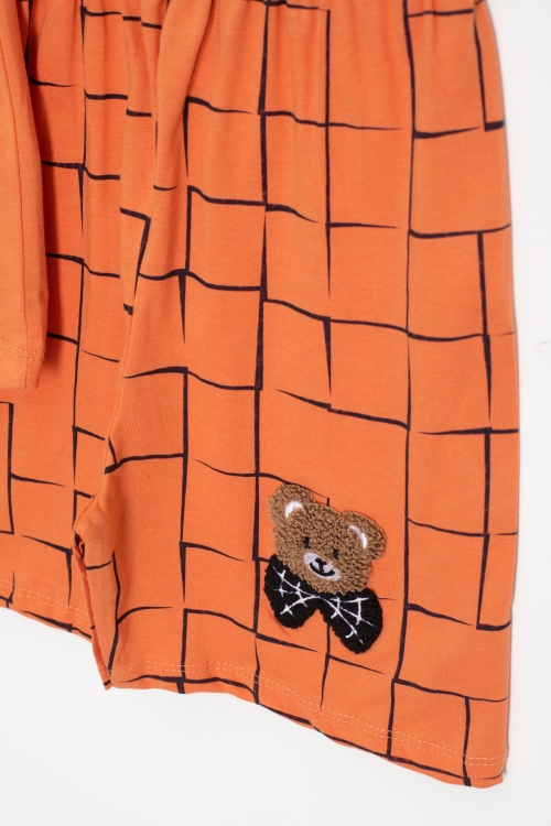 Turuncu Ayıcık Nakışlı Kısa Kol Tişörtlü Erkek Çocuk Şortlu Takım 20579