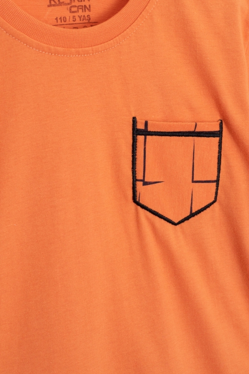 Turuncu Ayıcık Nakışlı Kısa Kol Tişörtlü Erkek Çocuk Şortlu Takım 20579