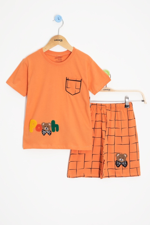 Turuncu Ayıcık Nakışlı Kısa Kol Tişörtlü Erkek Çocuk Şortlu Takım 20579