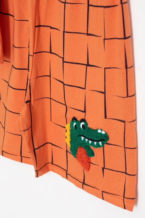 Turuncu Dino Cep Nakışlı Kısa Kol Tişörtlü Erkek Çocuk Şortlu Takım 20572