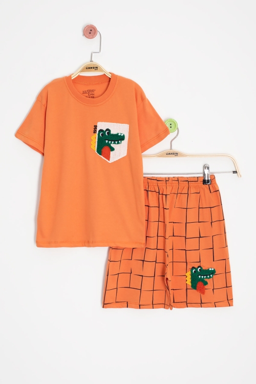 Turuncu Dino Cep Nakışlı Kısa Kol Tişörtlü Erkek Çocuk Şortlu Takım 20572