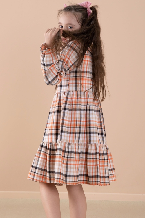 Turuncu Ekose Desenli Düğme Kapamalı Uzun Kol Kız Çocuk Elbise 20167