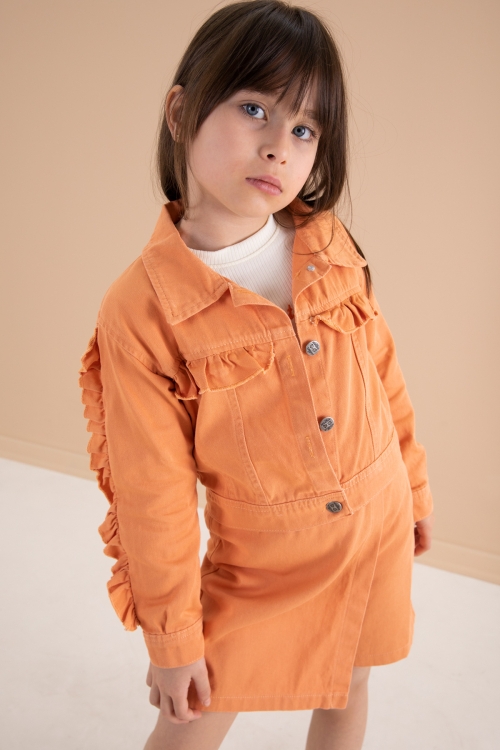 Turuncu Fırfır Detaylı Jean Ceketli Şort Etekli Kız Çocuk 3lü Takım 20169