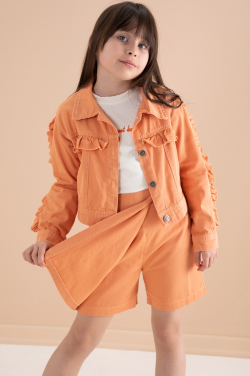Turuncu Fırfır Detaylı Jean Ceketli Şort Etekli Kız Çocuk 3lü Takım 20169
