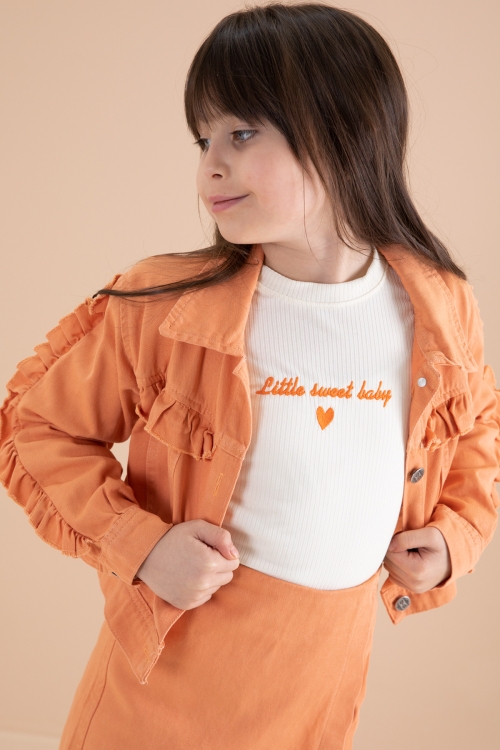 Turuncu Fırfır Detaylı Jean Ceketli Şort Etekli Kız Çocuk 3lü Takım 20169