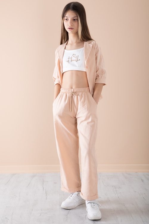 Turuncu Yarım Kol Kız Çocuk 3lü Croplu Takım 20323