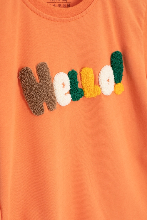 Turuncu Yazı Nakışlı Kısa Kol Tişörtlü Erkek Çocuk Şortlu Takım 20593