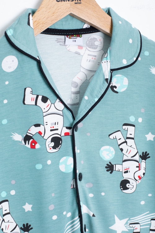 Yeşil Astronot Baskılı Kısa Kollu Erkek Çocuk Pijama Takımı 20569