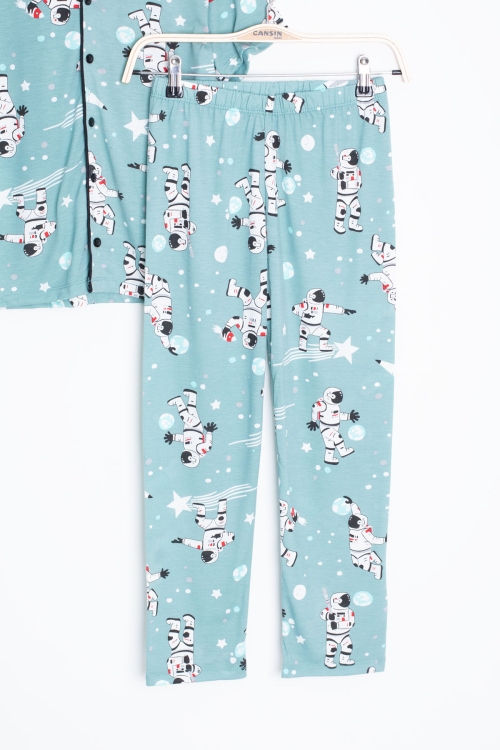 Yeşil Astronot Baskılı Kısa Kollu Erkek Çocuk Pijama Takımı 20569