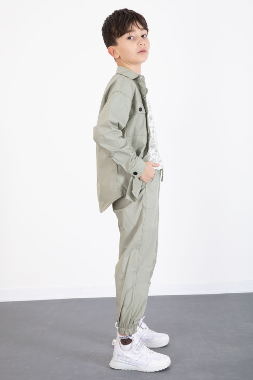 Yeşil Baskılı Tişörtlü Paraşüt Gömlek ve Pantolonlu Erkek Çocuk 3lü Takım 20515