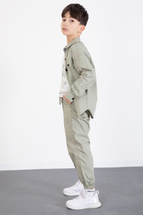 Yeşil Baskılı Tişörtlü Paraşüt Gömlek ve Pantolonlu Erkek Çocuk 3lü Takım 20515