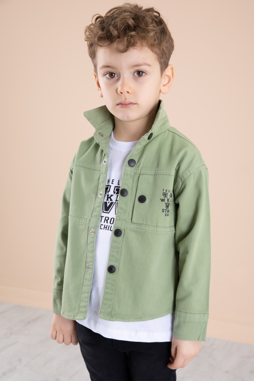 Yeşil Bisiklet Yaka Tişörtlü Keten Erkek Çocuk Gömlek 20073