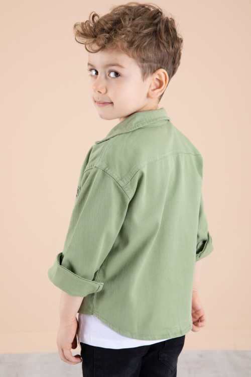 Yeşil Bisiklet Yaka Tişörtlü Keten Erkek Çocuk Gömlek 20073
