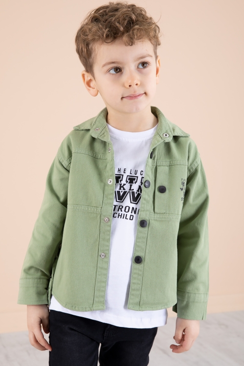 Yeşil Bisiklet Yaka Tişörtlü Keten Erkek Çocuk Gömlek 20073