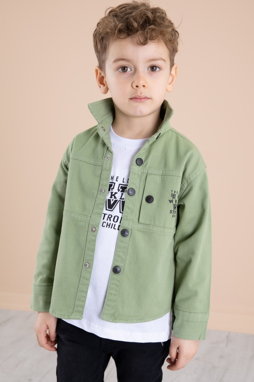 Yeşil Bisiklet Yaka Tişörtlü Keten Erkek Çocuk Gömlek 20073
