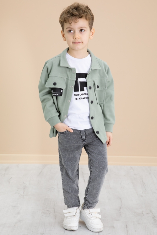 Yeşil Cep Kapaklı Gömlekli Jean Pantolonlu Erkek Çocuk 3lü Takım 20023
