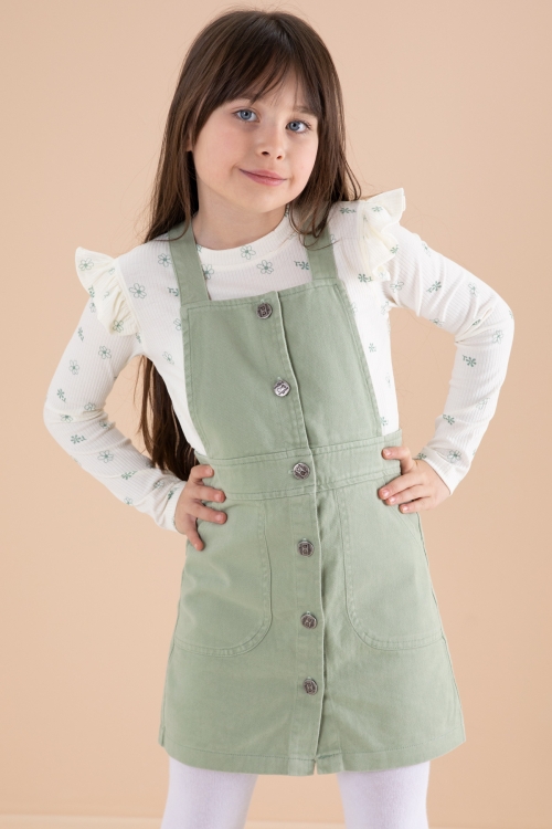 Yeşil Çiçek Desenli Badili 2li Kız Çocuk Salopet Takım 20182