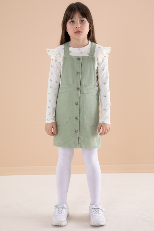 Yeşil Çiçek Desenli Badili 2li Kız Çocuk Salopet Takım 20182