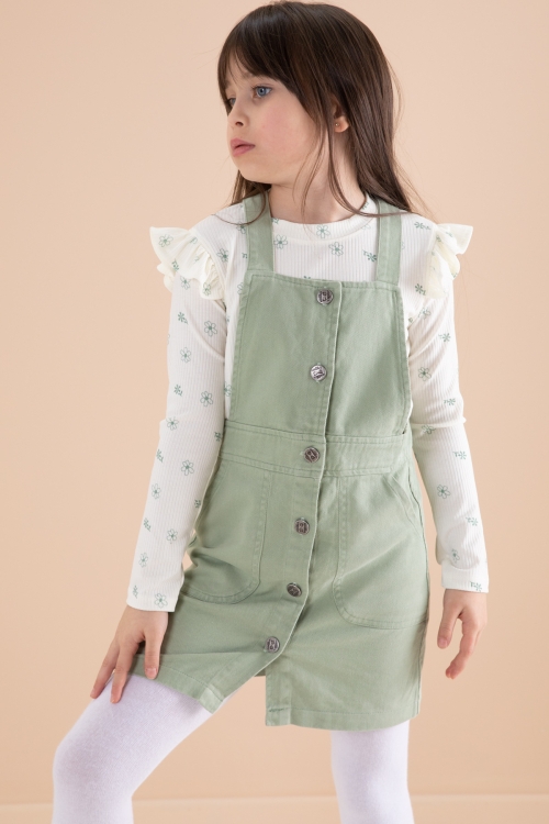 Yeşil Çiçek Desenli Badili 2li Kız Çocuk Salopet Takım 20182