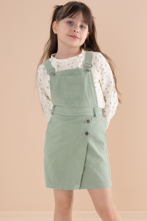 Yeşil Çiçek Desenli Bluzlu Kız Çocuk Salopet Elbise Takımı 20163