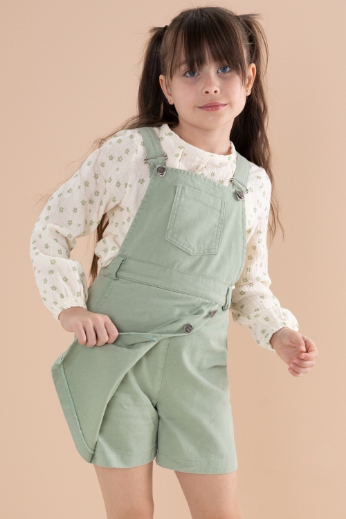 Yeşil Çiçek Desenli Bluzlu Kız Çocuk Salopet Elbise Takımı 20163