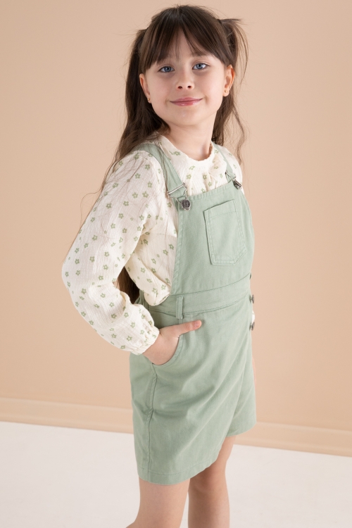 Yeşil Çiçek Desenli Bluzlu Kız Çocuk Salopet Elbise Takımı 20163