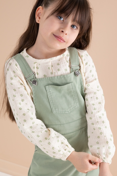 Yeşil Çiçek Desenli Bluzlu Kız Çocuk Salopet Elbise Takımı 20163