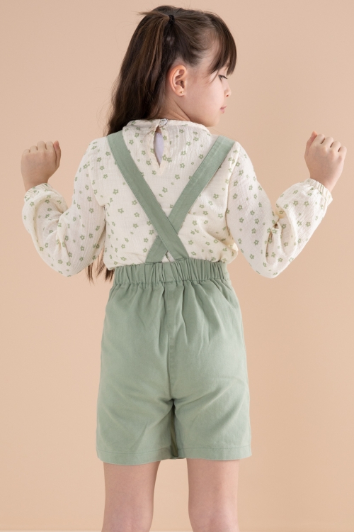 Yeşil Çiçek Desenli Bluzlu Kız Çocuk Salopet Elbise Takımı 20163