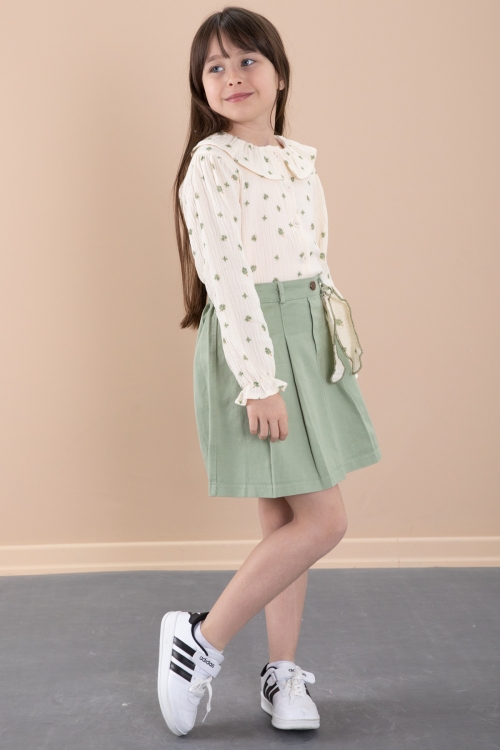 Yeşil Çiçek Desenli Müslin Badili Jean Etekli Kız Çocuk Takım 20427
