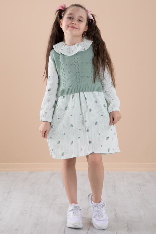 Yeşil Çiçek Desenli Süveterli Kız Çocuk Elbise 20226