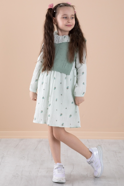 Yeşil Çiçek Desenli Süveterli Kız Çocuk Elbise 20226
