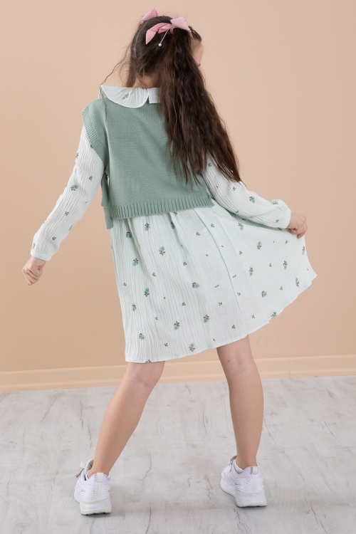 Yeşil Çiçek Desenli Süveterli Kız Çocuk Elbise 20226