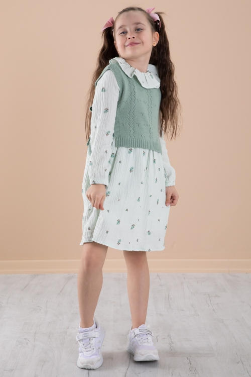 Yeşil Çiçek Desenli Süveterli Kız Çocuk Elbise 20226
