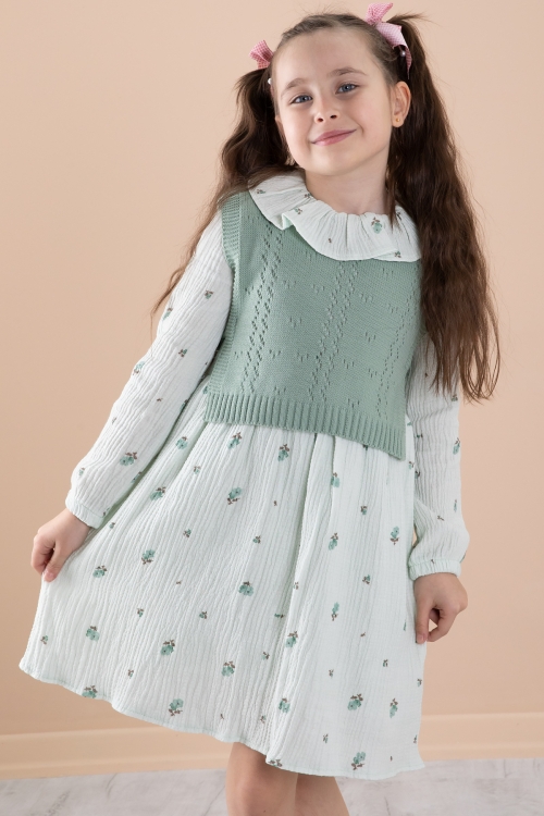 Yeşil Çiçek Desenli Süveterli Kız Çocuk Elbise 20226