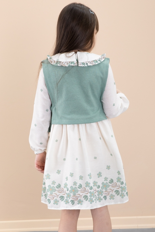 Yeşil Çiçek Desenli Yandan Bağlamalı Süveterli Kız Çocuk Elbise 20485