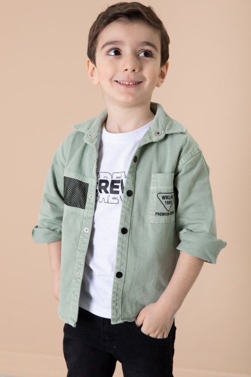 Erkek Çocuk Yeşil Crew Yazılı Tişörtlü ve File Detaylı Gömlekli 2li Takım 20085