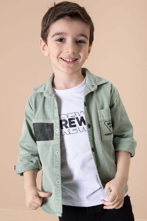 Erkek Çocuk Yeşil Crew Yazılı Tişörtlü ve File Detaylı Gömlekli 2li Takım 20085