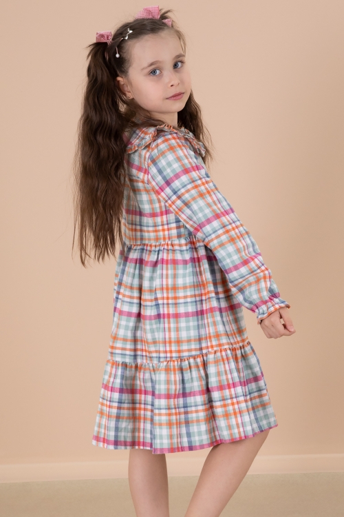 Yeşil Ekose Desenli Düğme Kapamalı Uzun Kol Kız Çocuk Elbise 20166