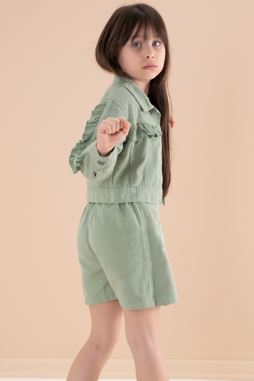 Yeşil Fırfır Detaylı Jean Ceketli Şort Etekli Kız Çocuk 3lü Takım 20171