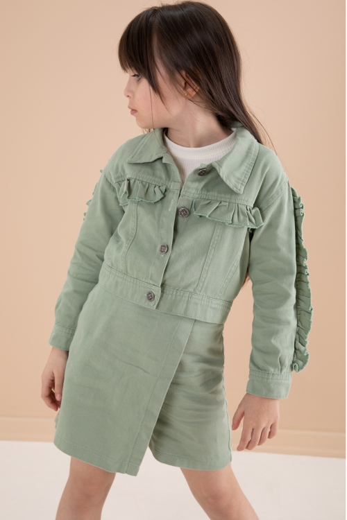 Yeşil Fırfır Detaylı Jean Ceketli Şort Etekli Kız Çocuk 3lü Takım 20171