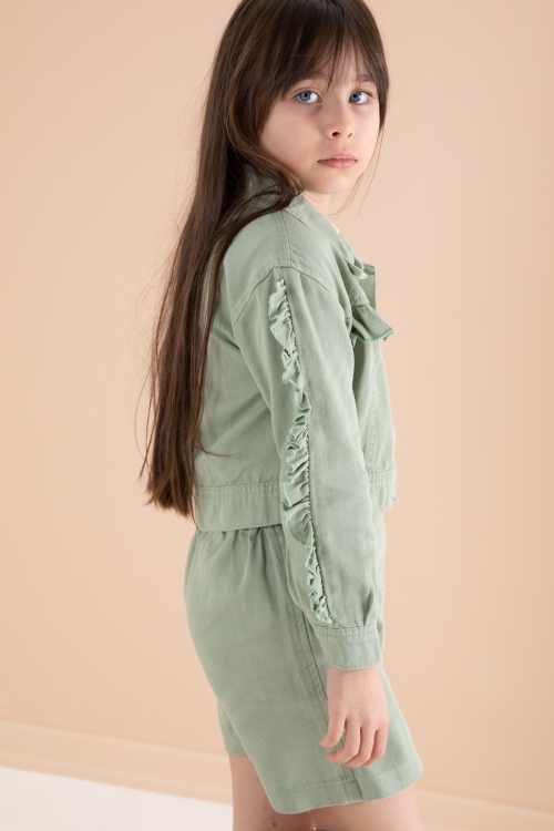 Yeşil Fırfır Detaylı Jean Ceketli Şort Etekli Kız Çocuk 3lü Takım 20171