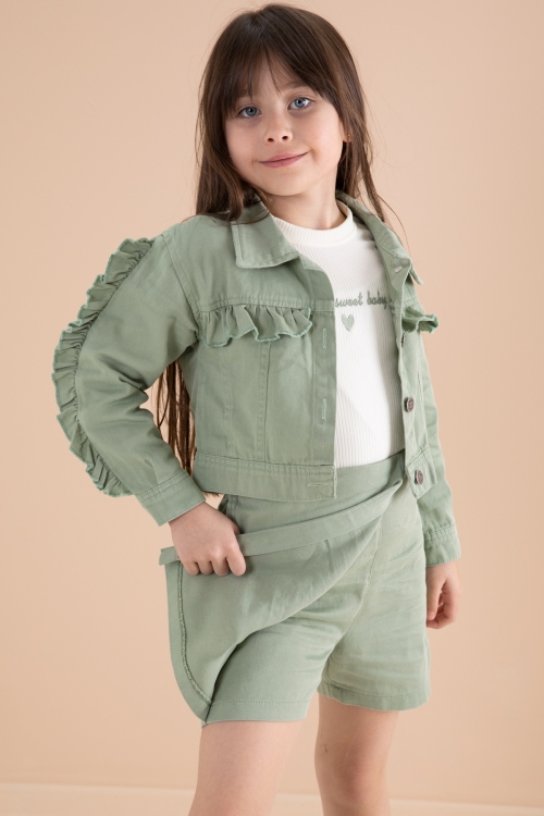 Yeşil Fırfır Detaylı Jean Ceketli Şort Etekli Kız Çocuk 3lü Takım 20171
