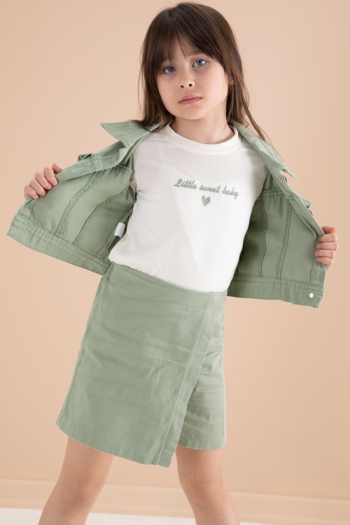 Yeşil Fırfır Detaylı Jean Ceketli Şort Etekli Kız Çocuk 3lü Takım 20171