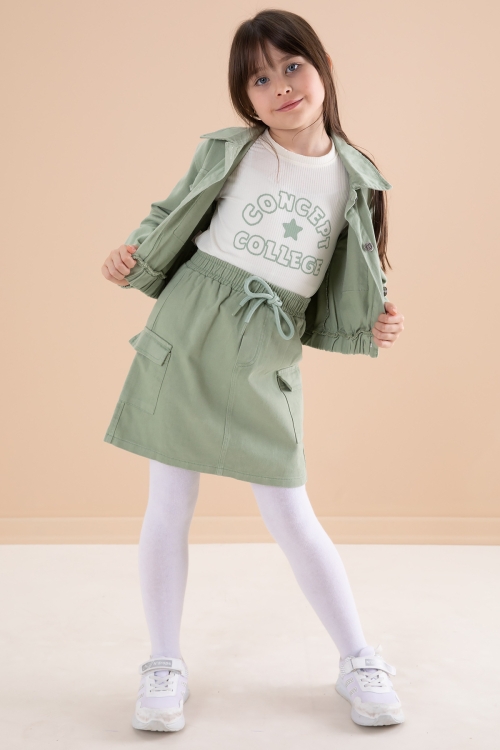 Yeşil Göğüs Cepli Jean Ceketli Etekli Kız Çocuk 3lü Takım