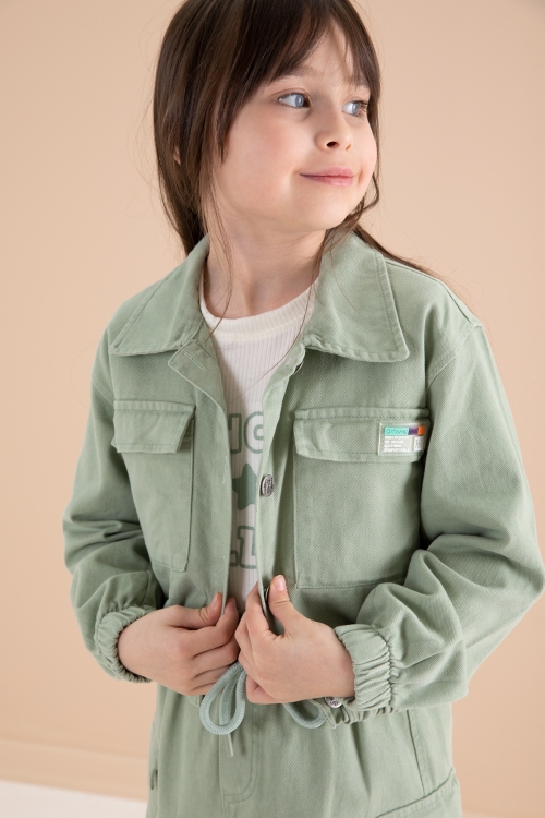 Yeşil Göğüs Cepli Jean Ceketli Etekli Kız Çocuk 3lü Takım