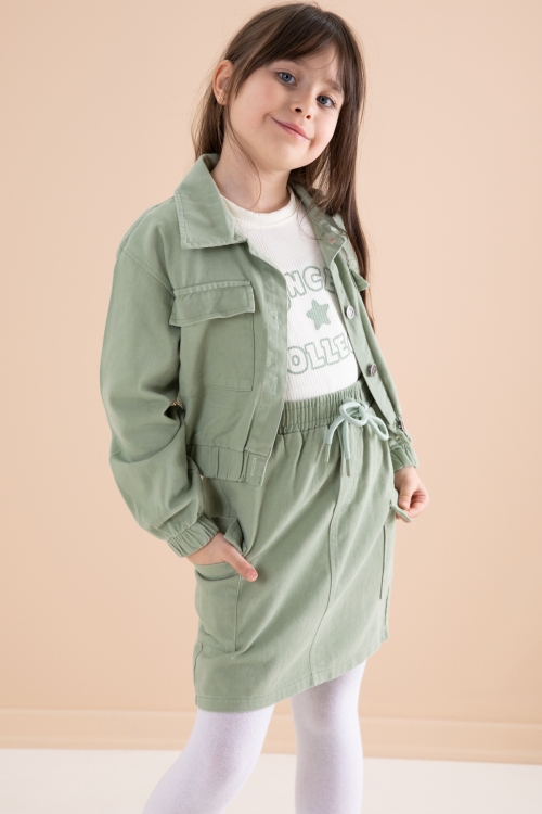 Yeşil Göğüs Cepli Jean Ceketli Etekli Kız Çocuk 3lü Takım