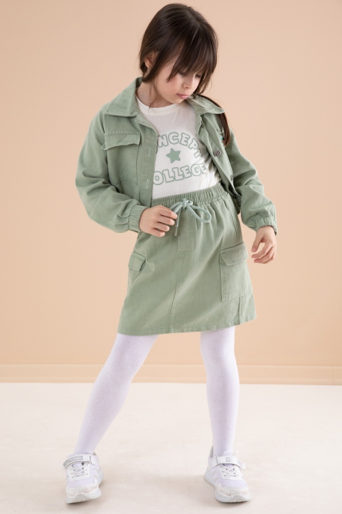 Yeşil Göğüs Cepli Jean Ceketli Etekli Kız Çocuk 3lü Takım