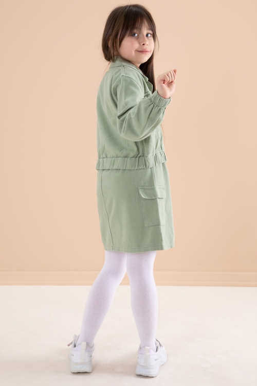 Yeşil Göğüs Cepli Jean Ceketli Etekli Kız Çocuk 3lü Takım