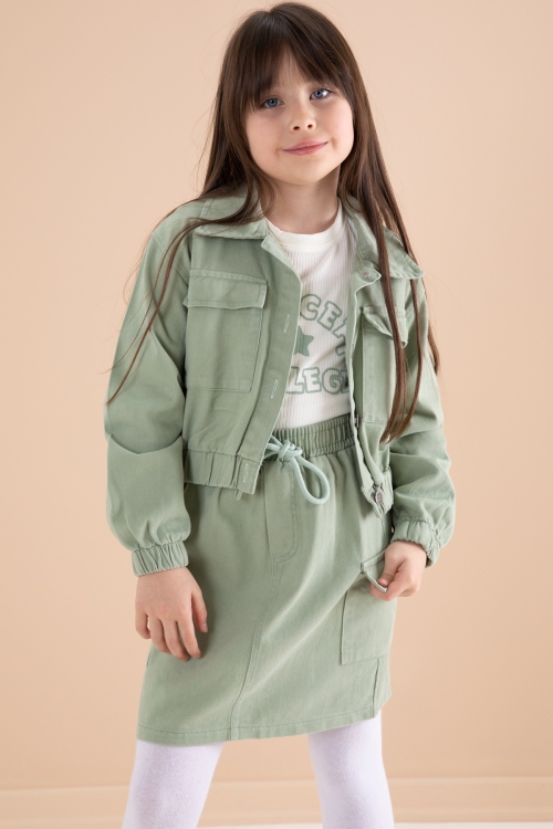 Yeşil Göğüs Cepli Jean Ceketli Etekli Kız Çocuk 3lü Takım