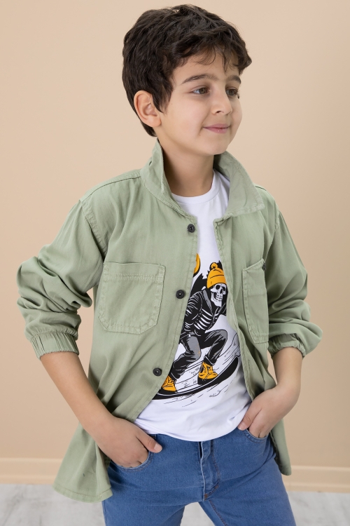 Yeşil Gömlek ve Baskılı Tişörtlü Erkek Çocuk 2li Takım 19989